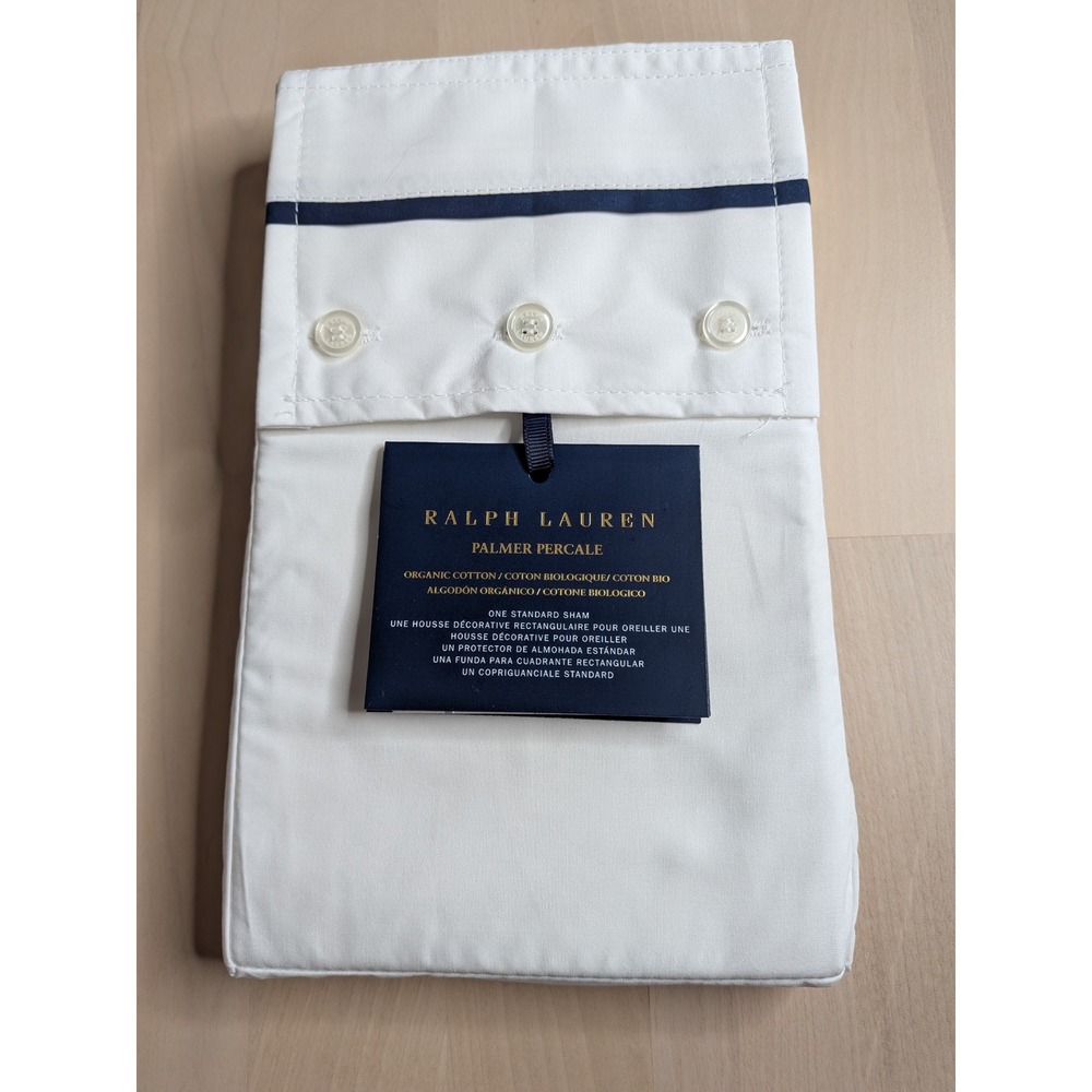 Ralph Lauren Palmer Percale Standard Pillow Sham White Polo Navy NWT